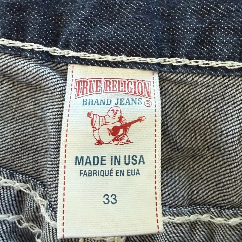 True Religion Joey Jeans Mens 33 USA Made Dark Wash Thick White Stitch Straight